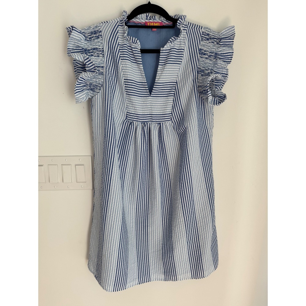 THML Blue White Striped Seersucker Ruffle Smocked Cap Sleeve Top S